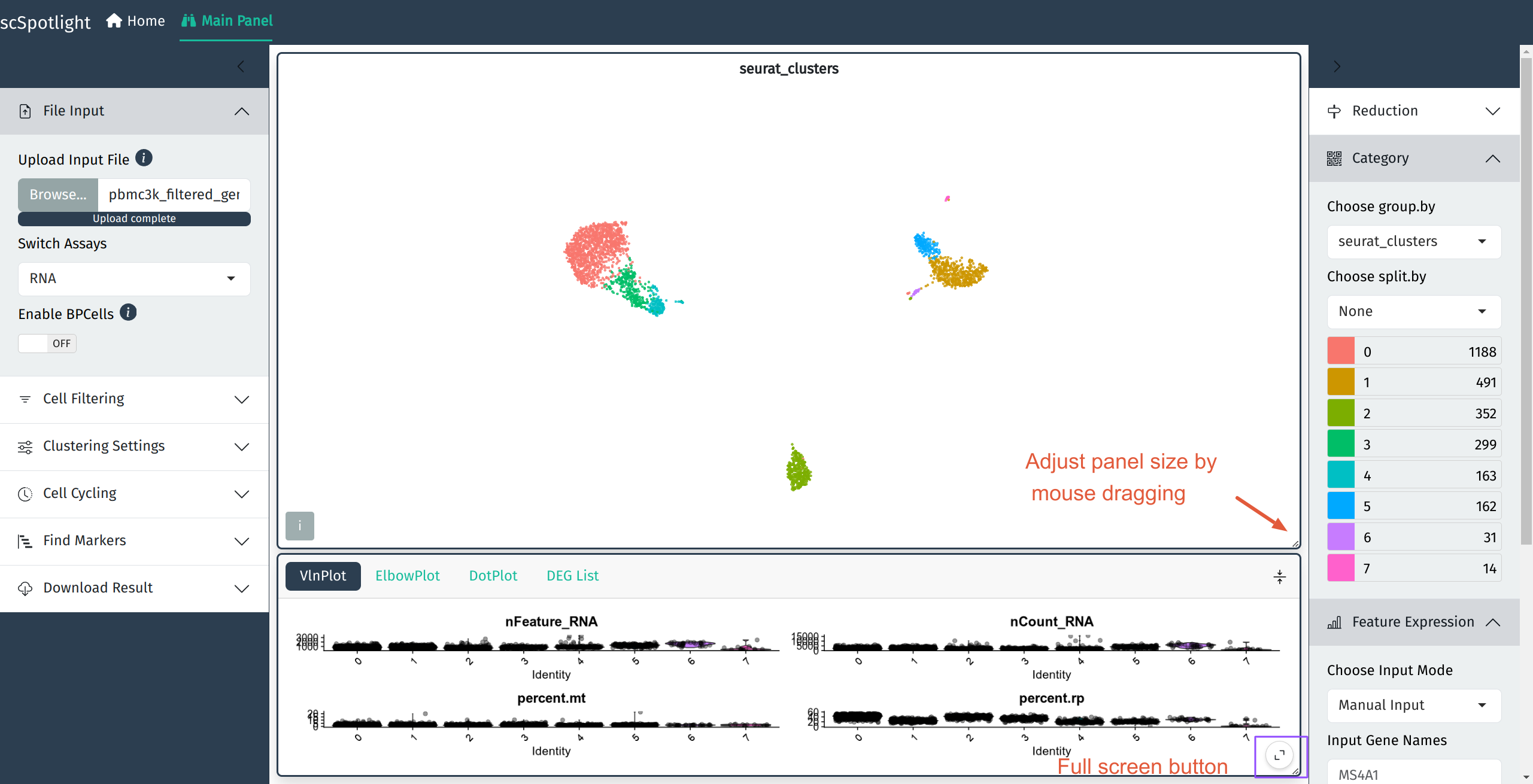 VlnPlot summarizes nGene, nUMI, percent.mt and percent.rp distribution